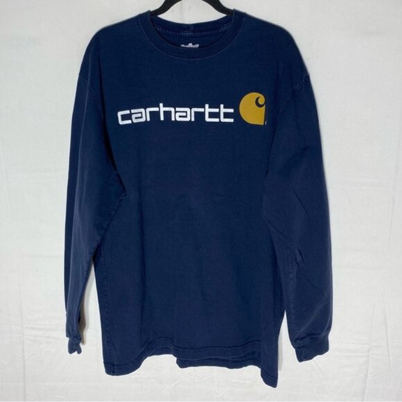 SOLD-Carhartt Navy Blue Cotton Crew Neck Long Sleeve T Shirt L - Picture 1 of 14